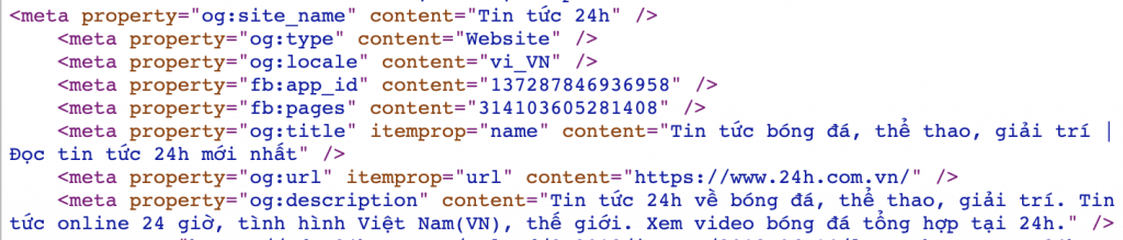 Ví dụ thẻ Meta property trên trang chủ của website 24h.com.vn