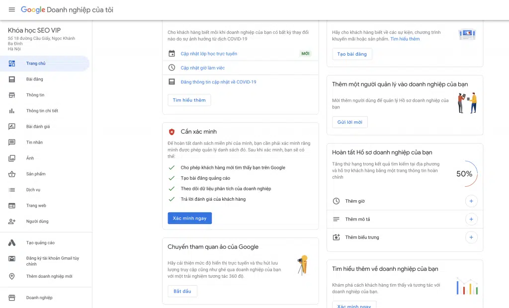 giao diện tài khoản quản lý Google Map