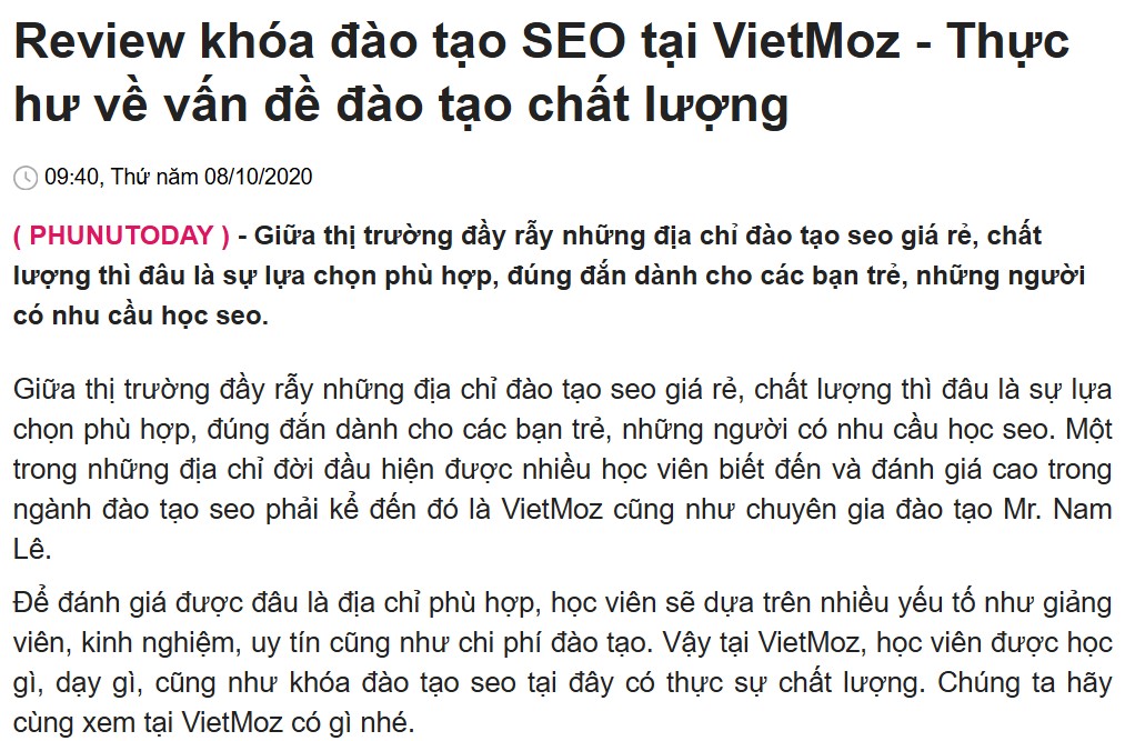 ví dụ bài viết chuẩn SEO là bài báo review khóa học SEO VietMoz