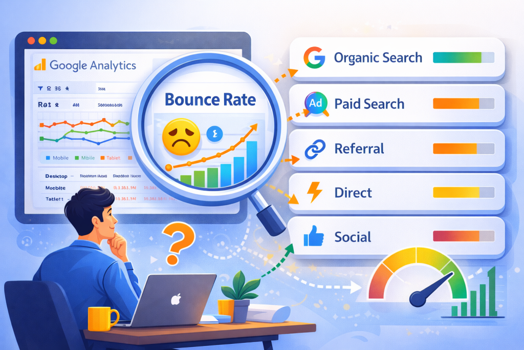 Phân tích bounce rate theo nguồn traffic trong Analytics